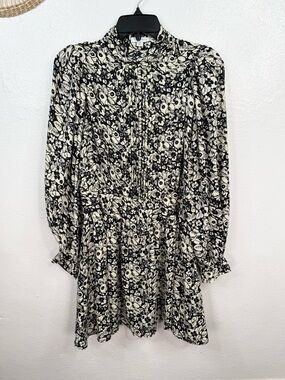 Topshop Mini Dress Womens US 8 Black & Ivory Floral High Button Neck Long Sleeve